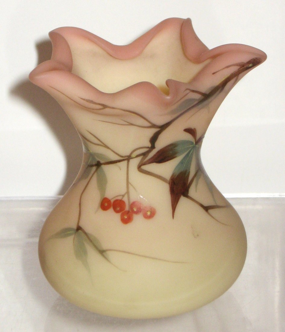 Webb decorated Burmese vase,: corset form with a five pointed star top in the Hawthorn pattern, marked Thomas Webb and Sons, 3" ht.