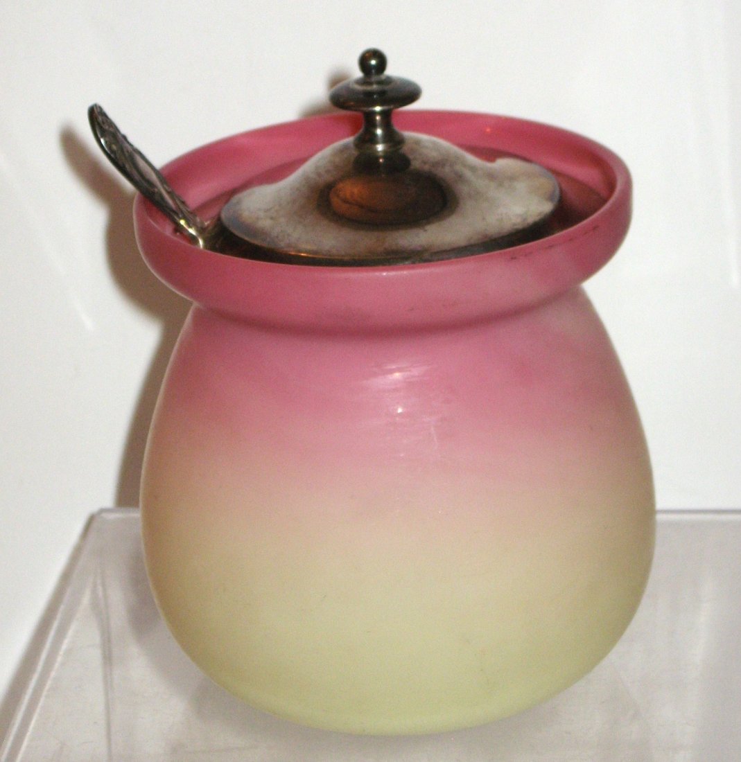 Webb Burmese condiment jar,: ovoid form with metal lid and British hallmark spoon, 4 1/2" ht.