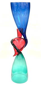 Richard Royal Art Glass sculpture: Richard Royal Art Glass sculpture with a large blue and green cup separated with a red vase standard, signed Richard Royal, 32" ht. CONDITION: no chips, cracks, repairs or material defects found. Jare