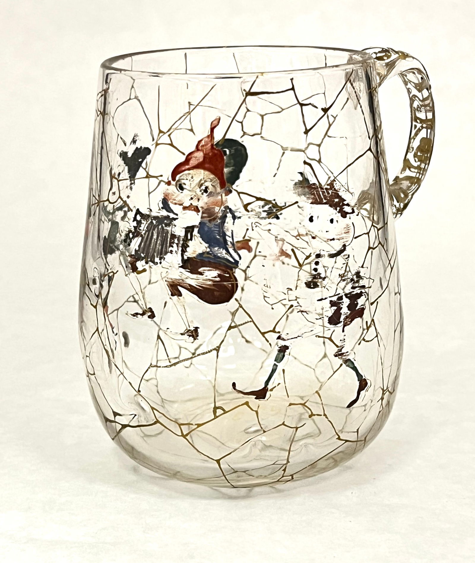 Mt. Washington Palmer Cox mug: Mt. Washington Palmer Cox Brownie mug with goose and three Brownies, marked Napoli, 3 1/4" ht. CONDITION: some paint loss, no chips, cracks, repairs or material defects found, Jaremos attempts to call