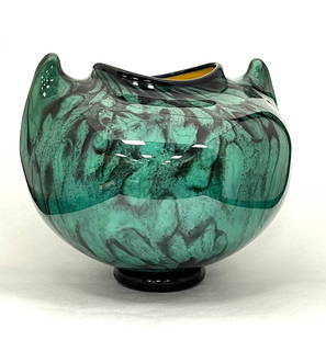 Bernard Katz art glass vase: Large Ovoid glass vase in mottled green glass decorated with two side horn handles, titled Septara signed Bernard Katz, comes with original paper work, 12" wide by 10" ht. CONDITION: no chips, cracks,