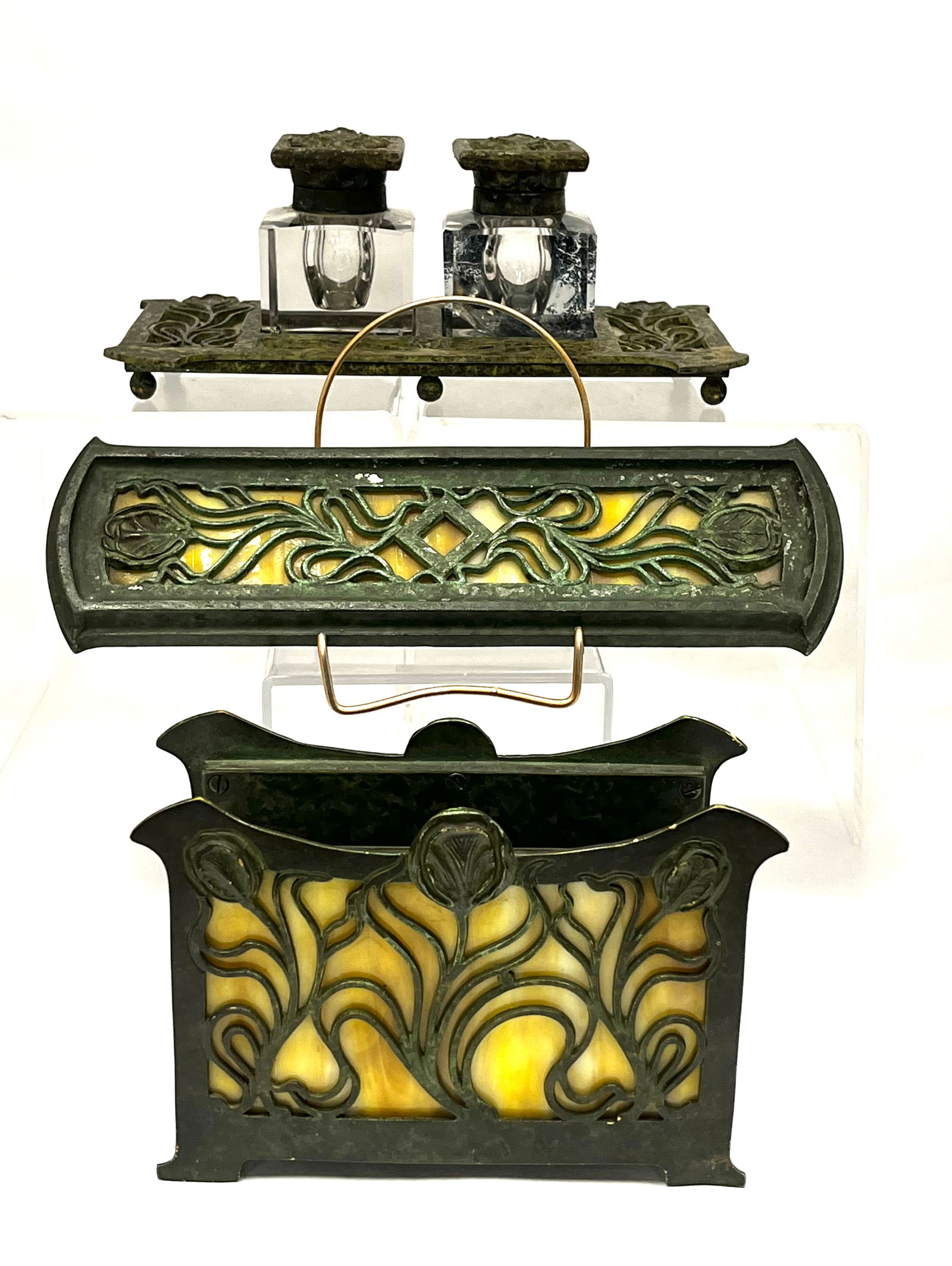 Art Nouveau glass and bronze desk set (1 of 7)