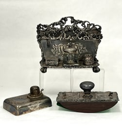 3 Pairpoint metal desk set items