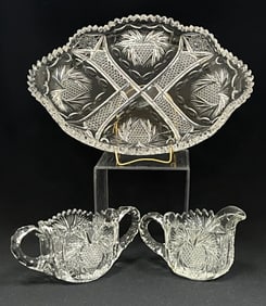 Cut glass tray and cream and sugar