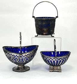 3 cobalt glass and metal baskets