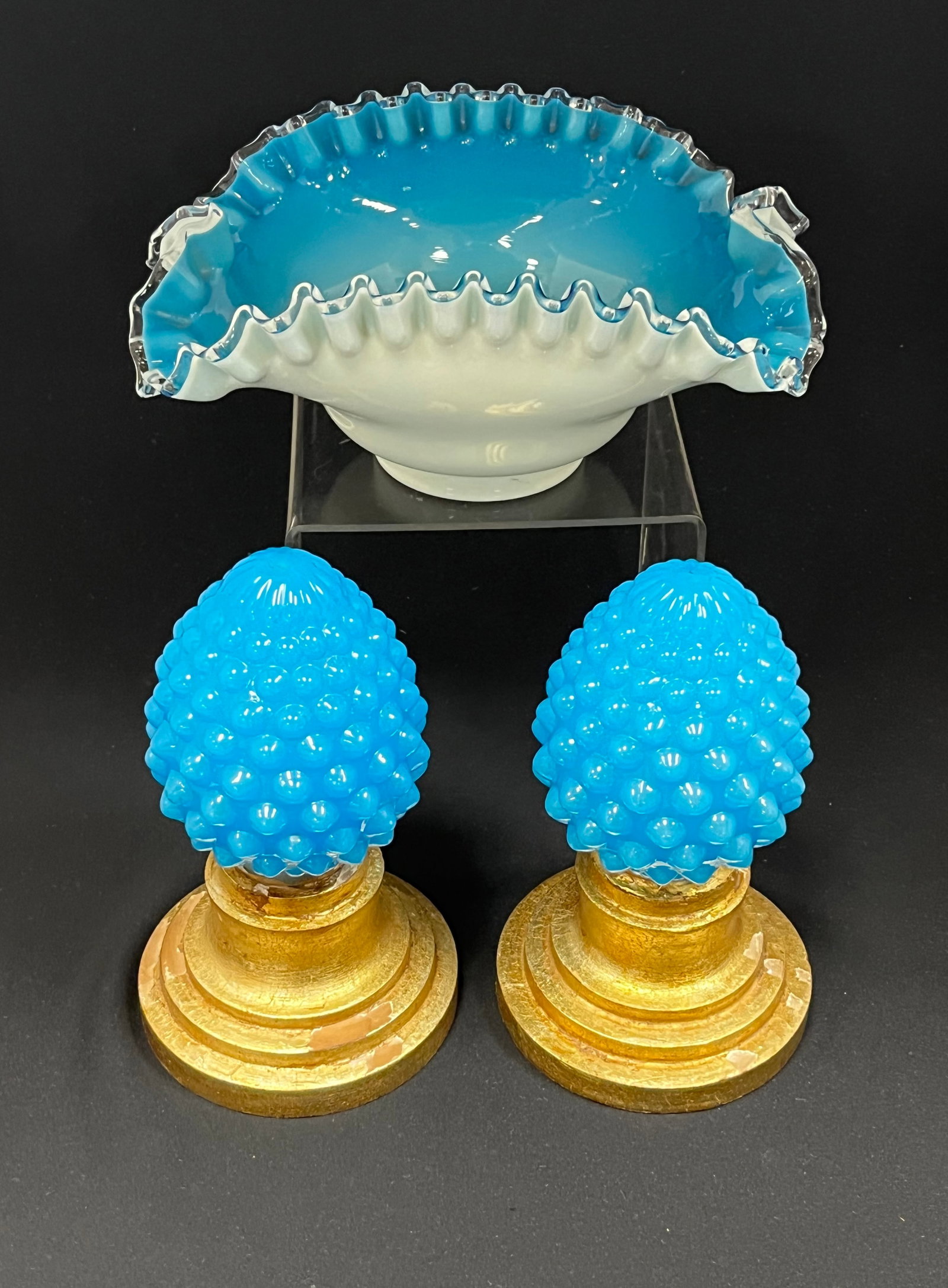 3 piece grouping of Victorian glass: 3 piece grouping of blue Victorian glass including a ruffled rim brides bowl and two blue opaline hobnail newel posts, tallest 8" ht. CONDITION: no chips, cracks, repairs or material defects found, Ja