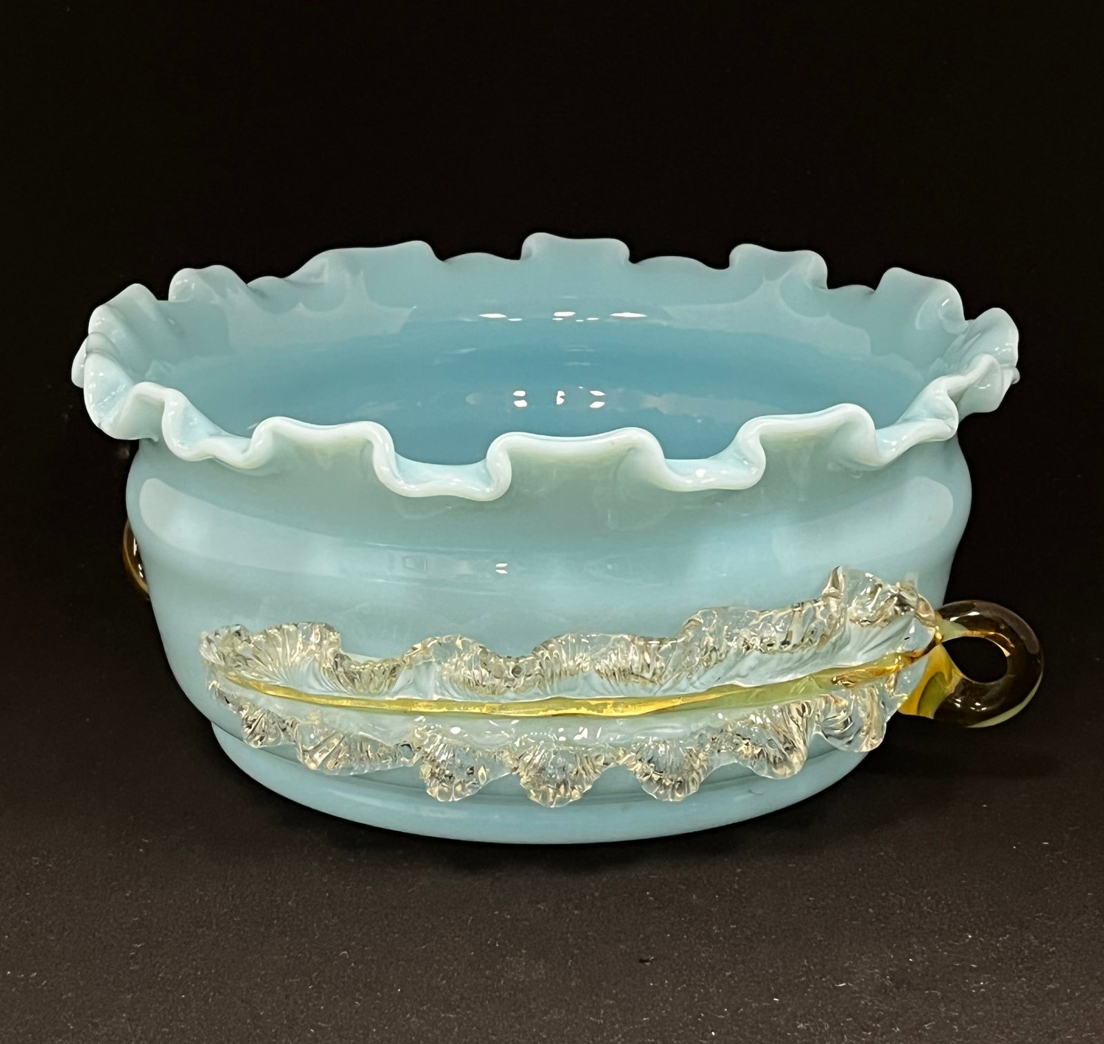 Blue opaline glass Mat-zu-no-kee bowl: Blue opaline ruffled rim glass bowl with two elongated Mat-zu-no-kee leaves, acid stamped Stevens and Williams, 10" wide. CONDITION: no chips, cracks, repairs or material defects found, Jaremos attemp