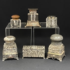 6 silver plate and glass ink wells