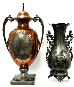 2 large Pairpoint metal vases