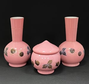 Pink cased dresser set with enameling