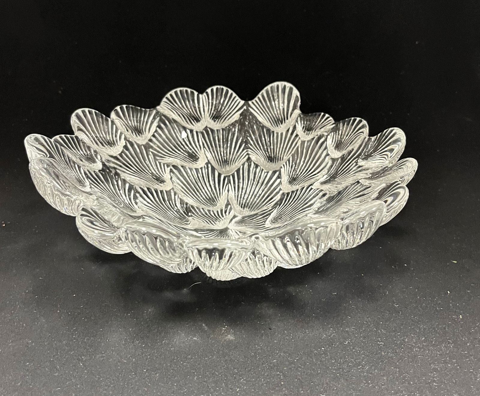 Royal Copenhagen art glass bowl: Royal Copenhagen "Musling" shell form art glass bowl designed by Per Lutken, 9 1/4" wide. CONDITION: no chips, cracks, repairs or material defects found, Jaremos attempts to call any material flaw tha