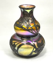 Quezal silver overlay glass vase