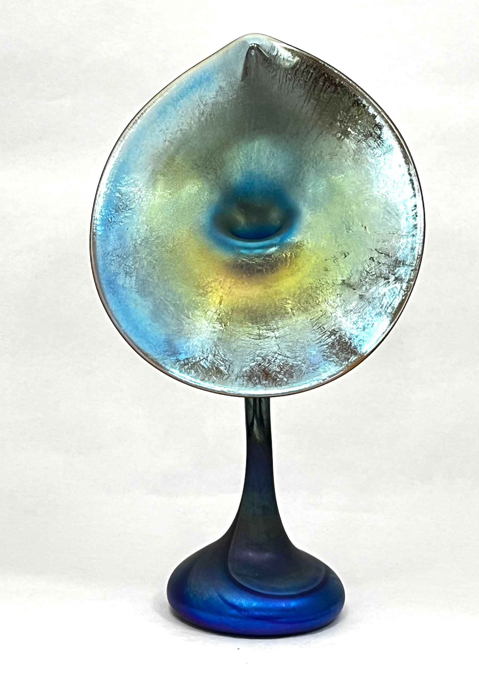 Quezal blue Jack-in-the-Pulpit vase: Quezal blue Jack-in-the-Pulpit glass vase with a subtle gold face on a swirled blue body, signed Quezal 11" ht. CONDITION: no chips, cracks, repairs or material defects found, Jaremos attempts to call
