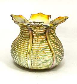 Quezal threaded glass vase