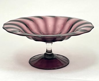 Purple optic ribbed glass compote
