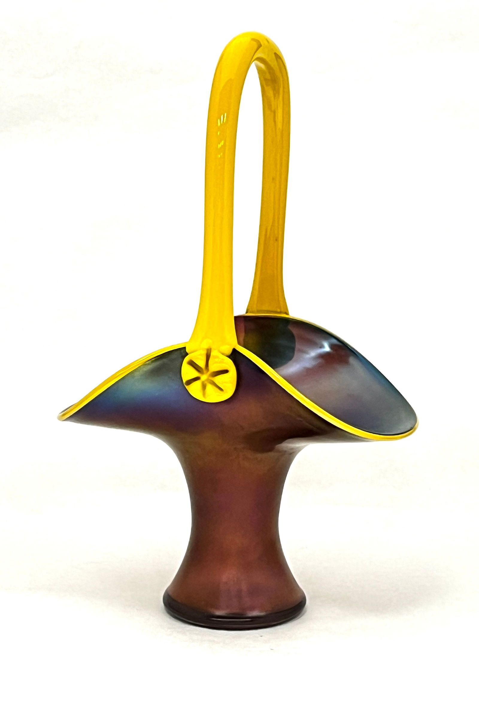 Loetz art glass basket: Loetz purple art glass basket with a opaque yellow handle and side prunts, 11" ht. CONDITION: no chips, cracks, repairs or material defects found, Jaremos attempts to call any material flaw that affec