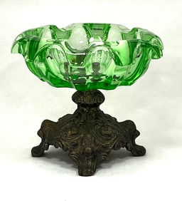 Heavy green glass and metal compote