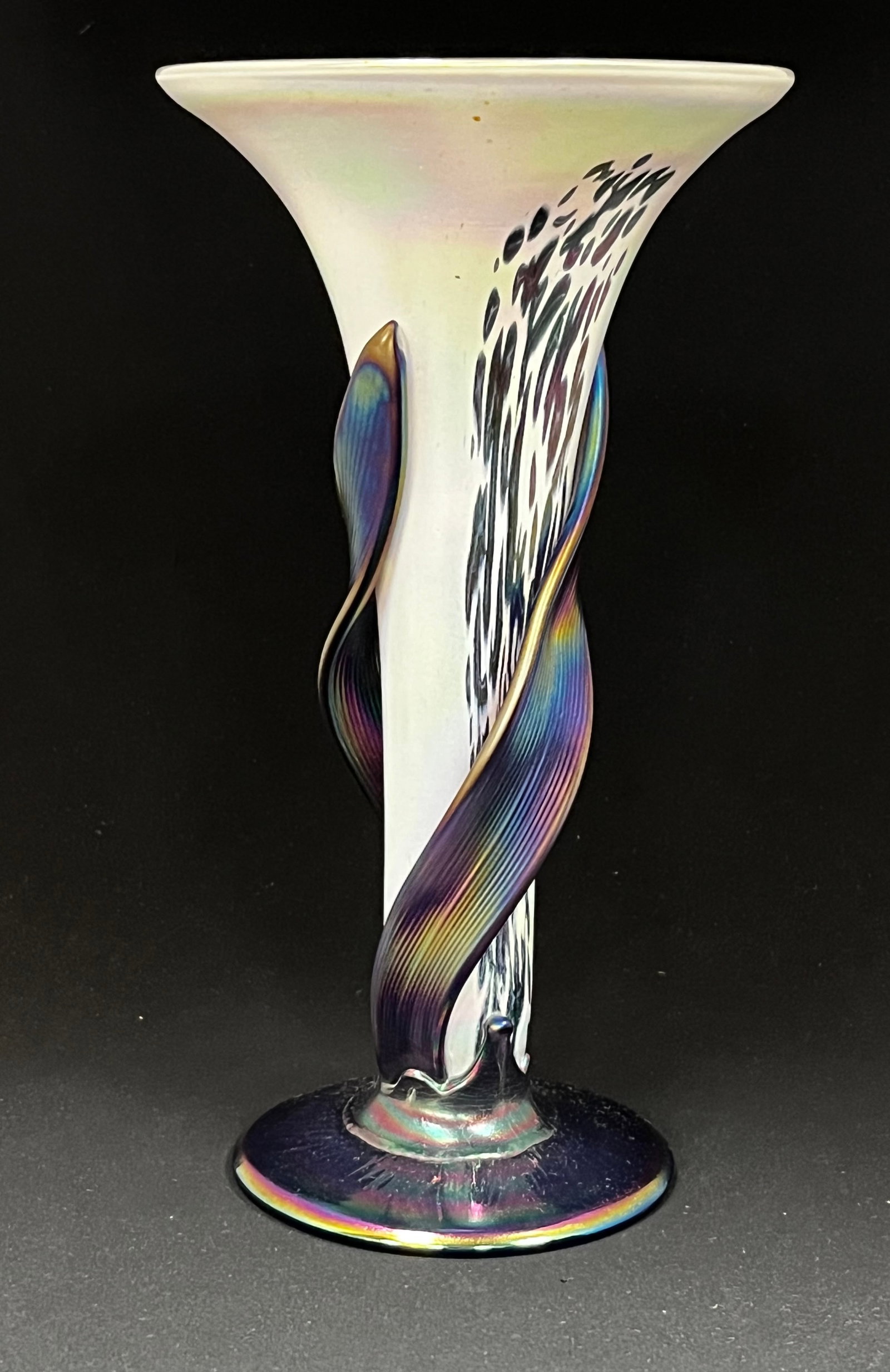 Muller Bohemian glass vase: Bohemian art glass trumpet vase in opal glass decorated with applied purple leaves and an oil spot finish, signed Muller, 12" ht. CONDITION: no chips, cracks, repairs or material defects found, Jaremo