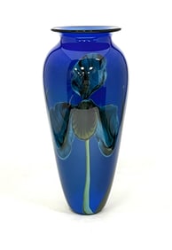 Rick Satava blue iris art glass vase