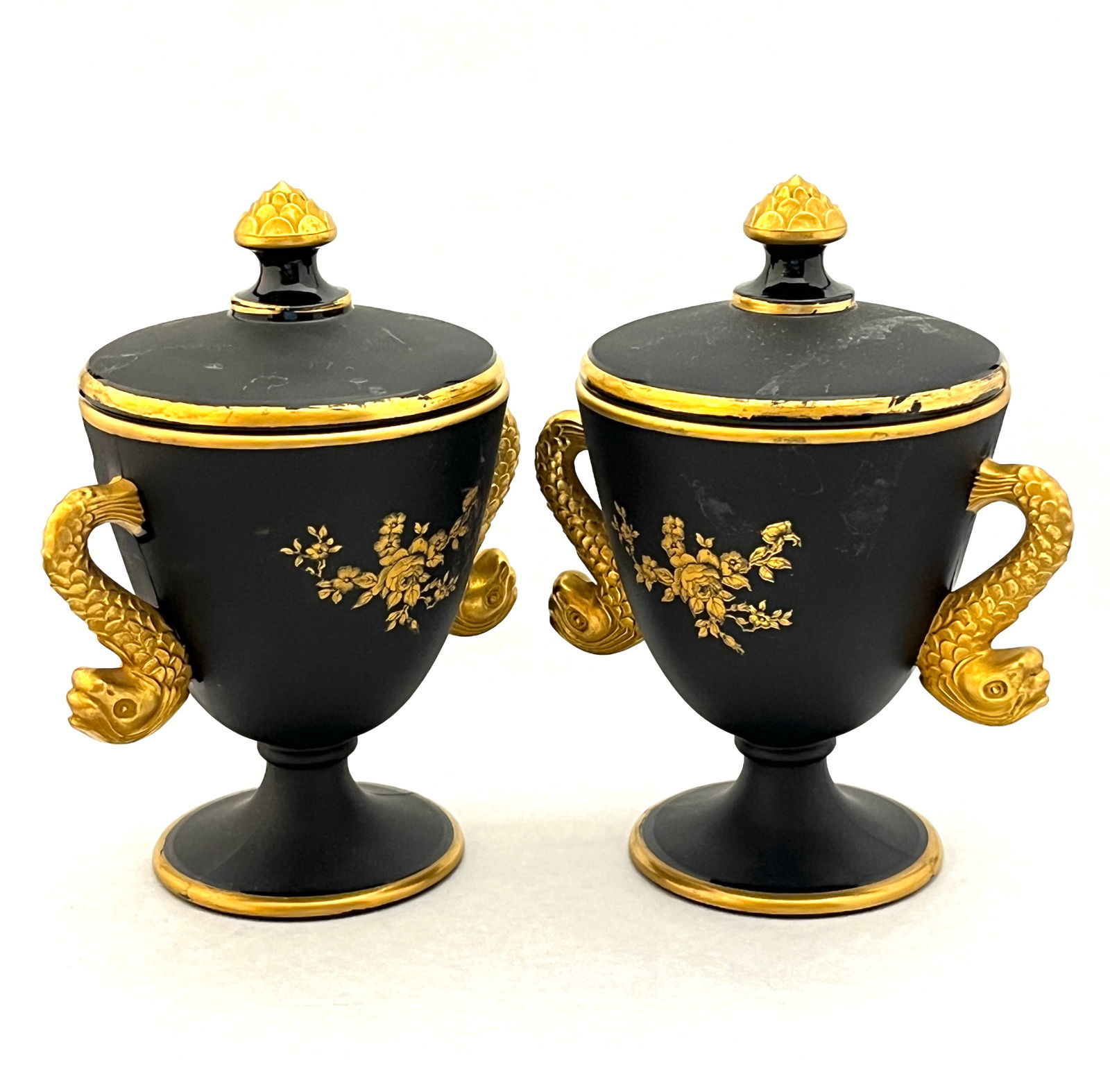 Two black French glass covered urns (1 of 5)