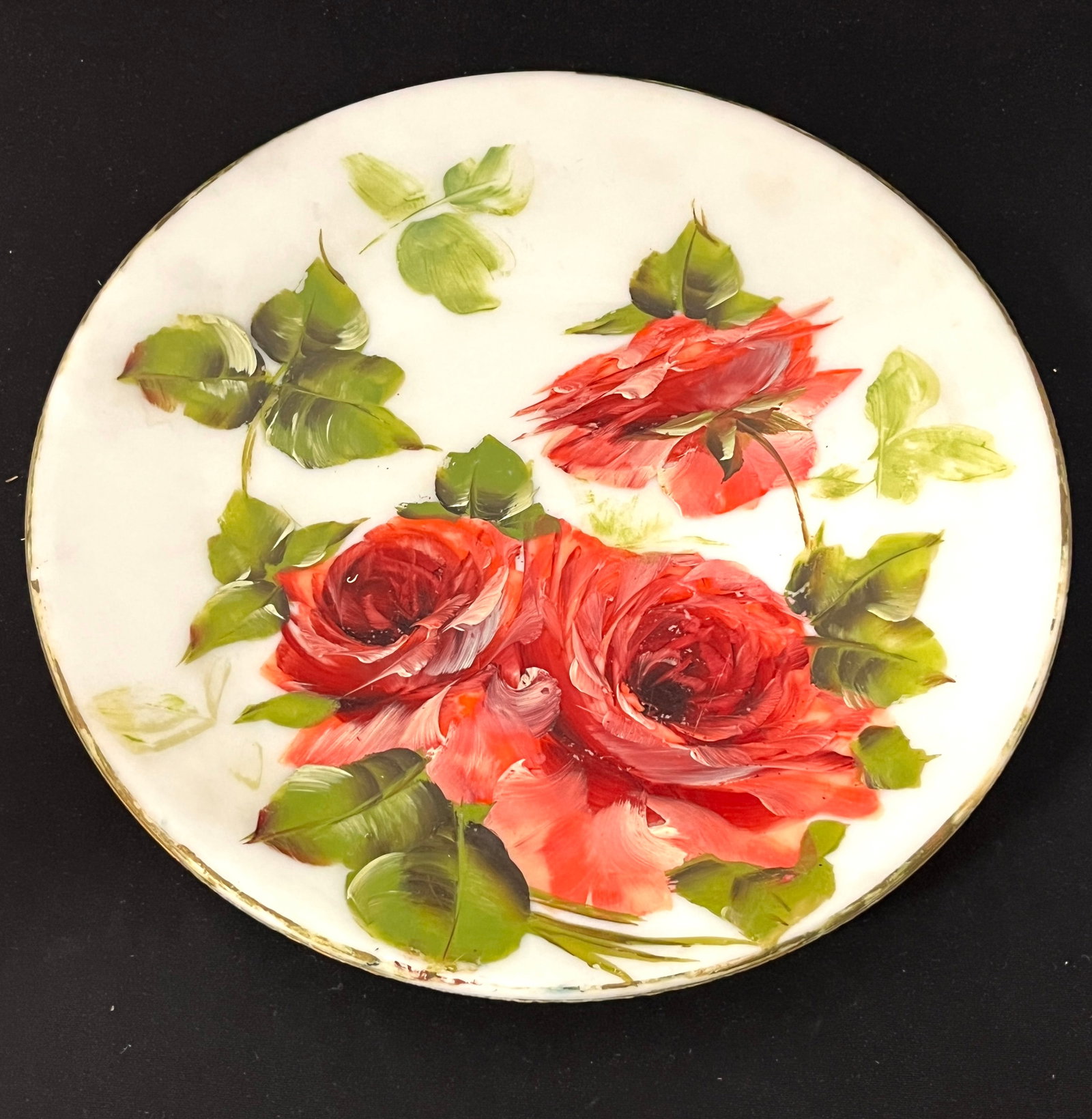 Pairpoint hand enameled plate: Large white satin glass charger decorated with hand painted roses, 12" wide. CONDITION: enamel wear on the rim. no chips, cracks, repairs or material defects found, Jaremos attempts to call any materi