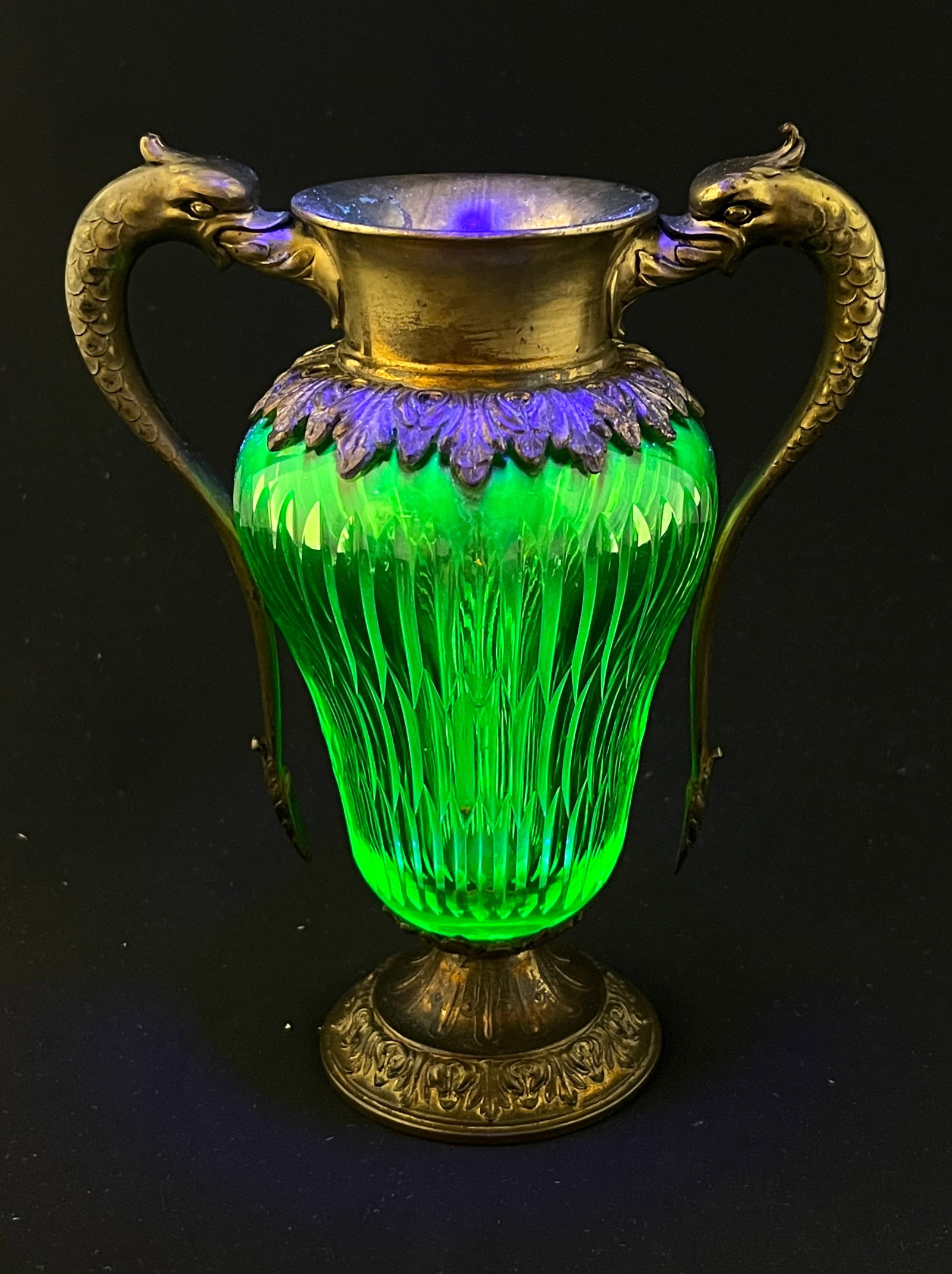 Pairpoint Uranium glass and metal vase (1 of 5)
