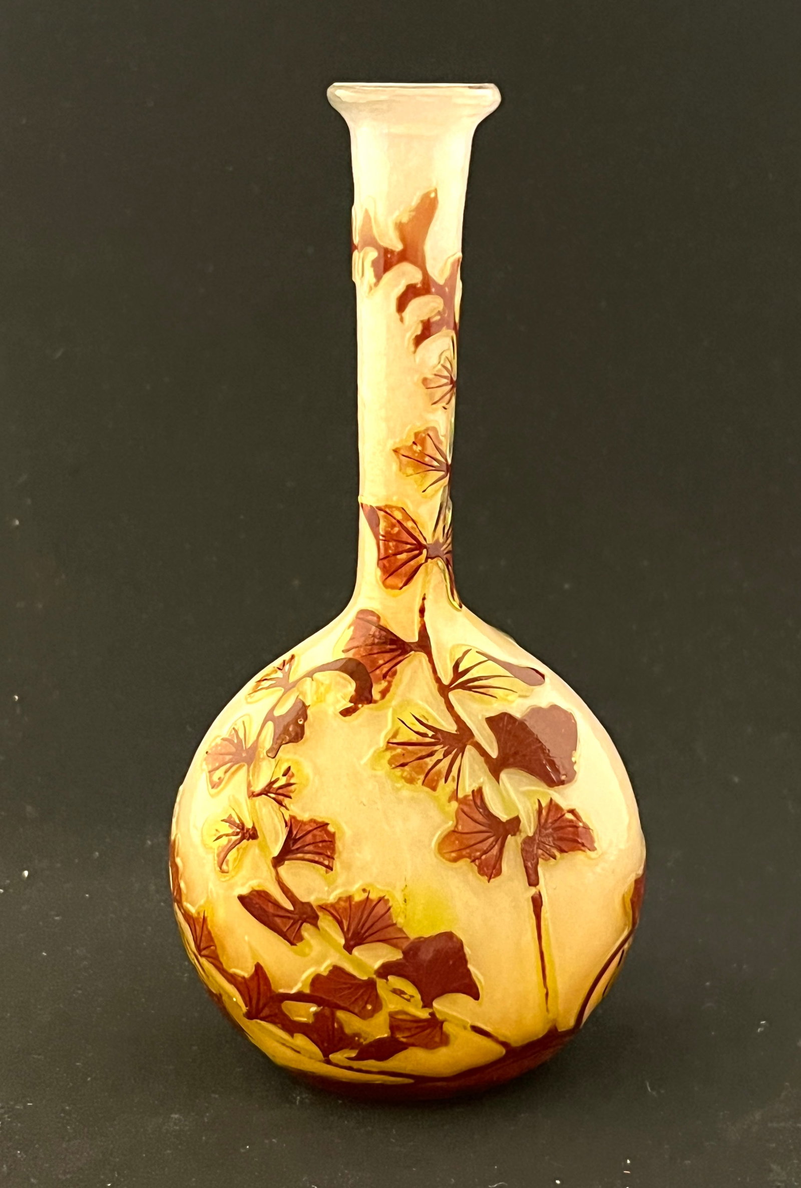 Galle French cameo banjo vase: Galle French cameo banjo vase in glossy pink glass decorated with a green and brown fern, signed in cameo Galle 6 3/4" ht. CONDITION: no chips, cracks, repairs or material defects found, Jaremos attem