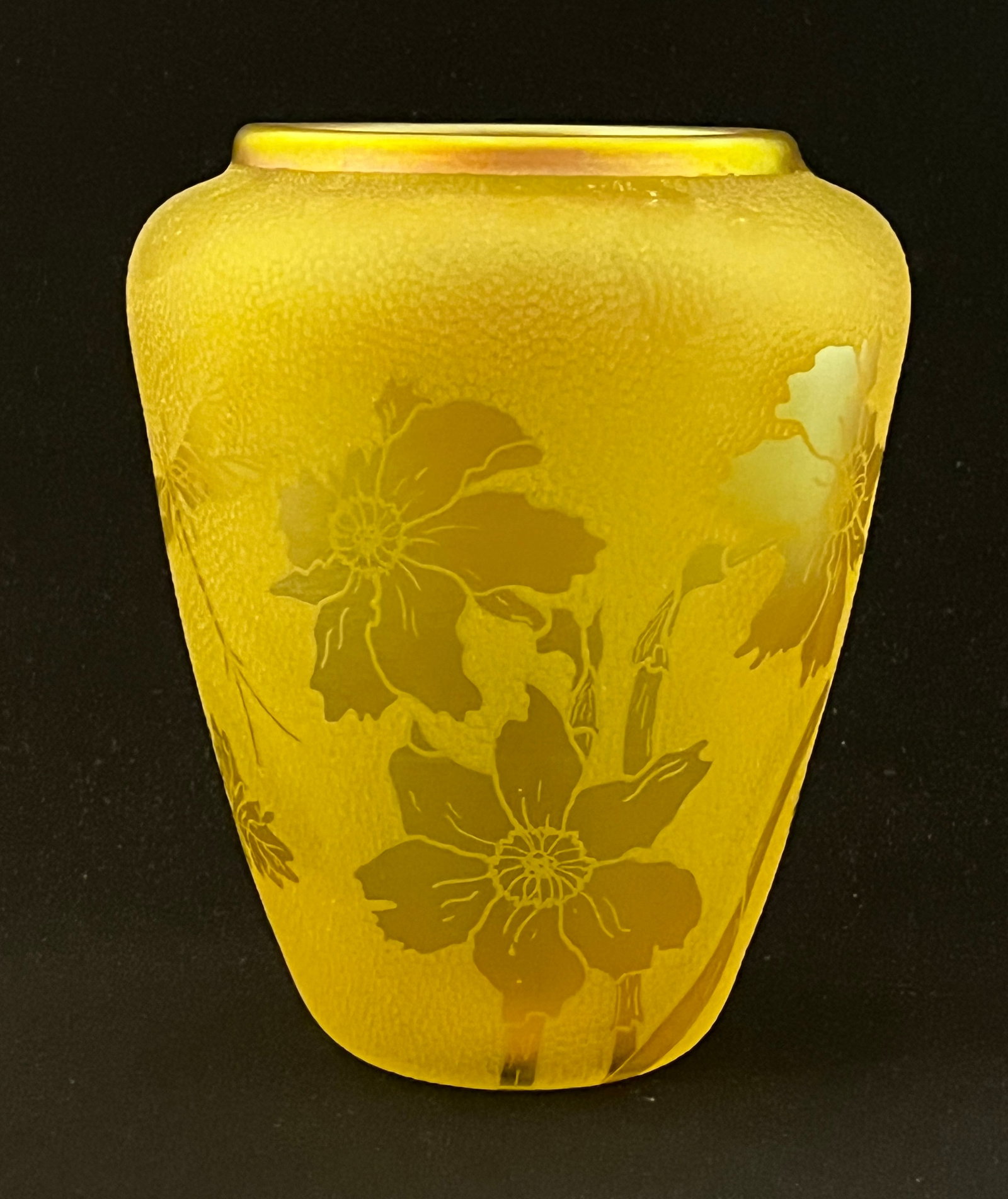 Phil Sturgeon cameo glass vase: Phil Sturgeon cameo glass vase in yellow glass decorated with an iridescent gold design of flowers and insects, signed Lynx Studios Phil Sturgeon, 6 1/2" ht. CONDITION: no chips, cracks, repairs or ma