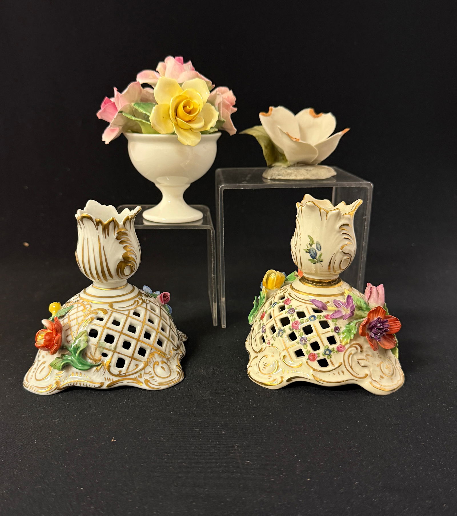 Group of 4 Porcelain items: Group of 4 porcelain items including 2 marked Dresden candlesticks together with 1 Capodimonte flower and Staffordshire figurine of roses; candleholders 4" ht. CONDITION: some chips to the Capodimonte