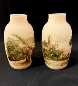 Two scenic satin glass vases
