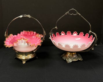 2 pink satin glass Brides baskets