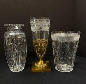 Three etched crystal glass vases