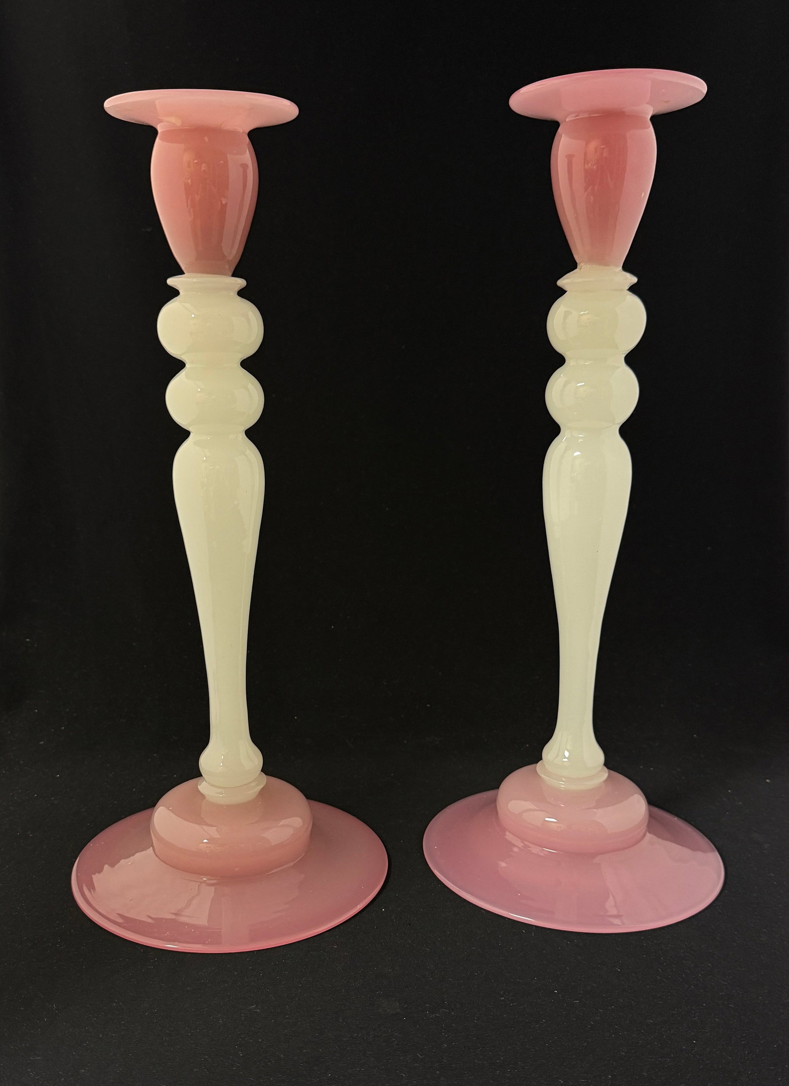 Pair of tall Rosaline candlesticks: Pair of tall Rosaline candlesticks, 15" ht. CONDITION: both with metal inserts one with repair.