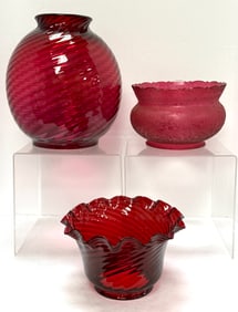 3 Vintage cranberry glass shades