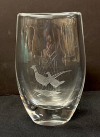 Orrefors Etched Pheasant Vase