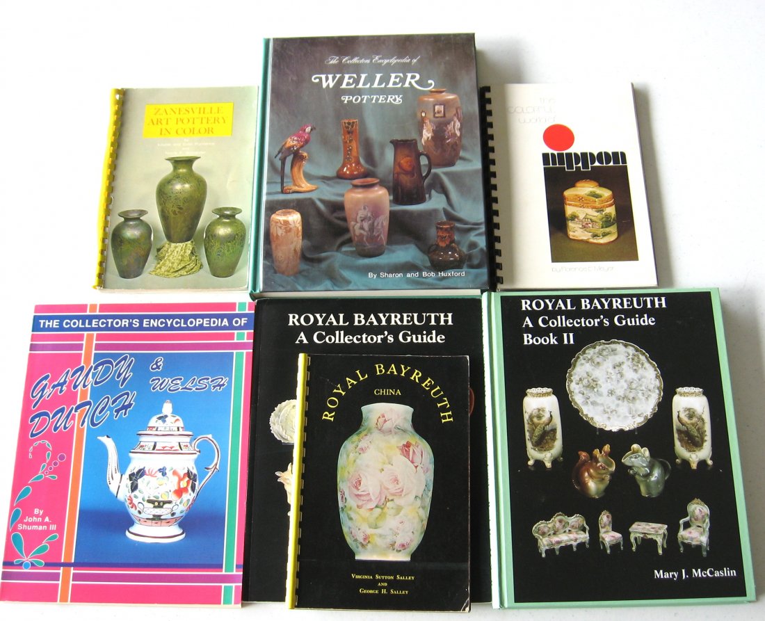 7 books on Pottery and porcelain,: including "The Colorful World of Nippon" by Meyer spiral bound, "Royal Bayreuth China" by Salley spiral bound, "Zanesville Art Pottery in Color" by Purviance spiral bound, "The Collectors Encyclopedia