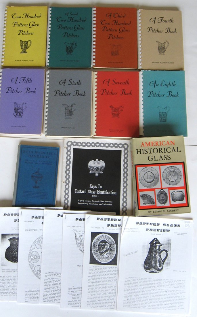 26 books/publications on pressed glass: including the 8 book set of "Two Hundred Pattern Glass Pitchers" by Kamm spiral bound, "American Historical Glass" by Lindsey hardback 541 pages, "Ruth Lee Webb Handbook of Early American Pressed Glas
