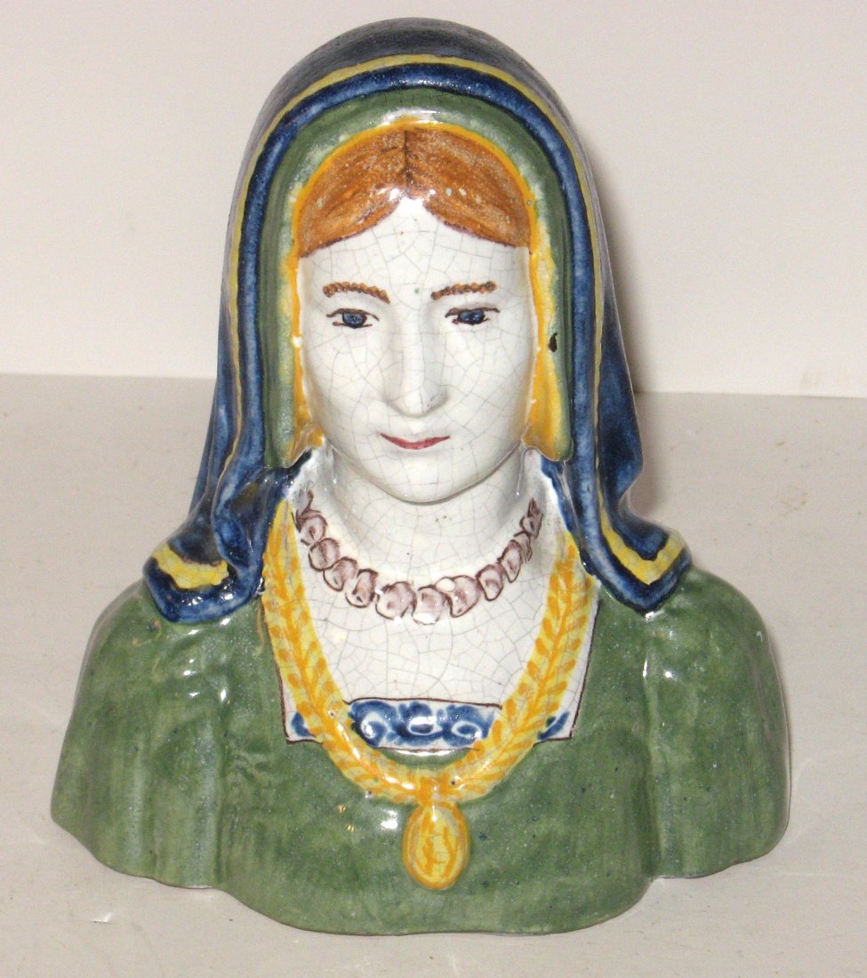Alcide Chaumeil "CA" bust of Anne of Brittany: and marked "Bazin - Chateau de Chambord - Anna.Reg - CA" 5"H. LITERATURE: see "CA a French Faience Breakthrough" by Millicent Mali - pg 6.c.1900.