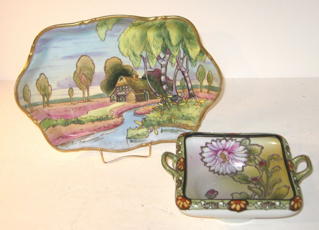 Two Nippon porcelain items,: including a scenic tray of a cabin near a stream, TOGETHER with a two handle square bowl with pink flowers, both marked, largest 11 1/2" wide.