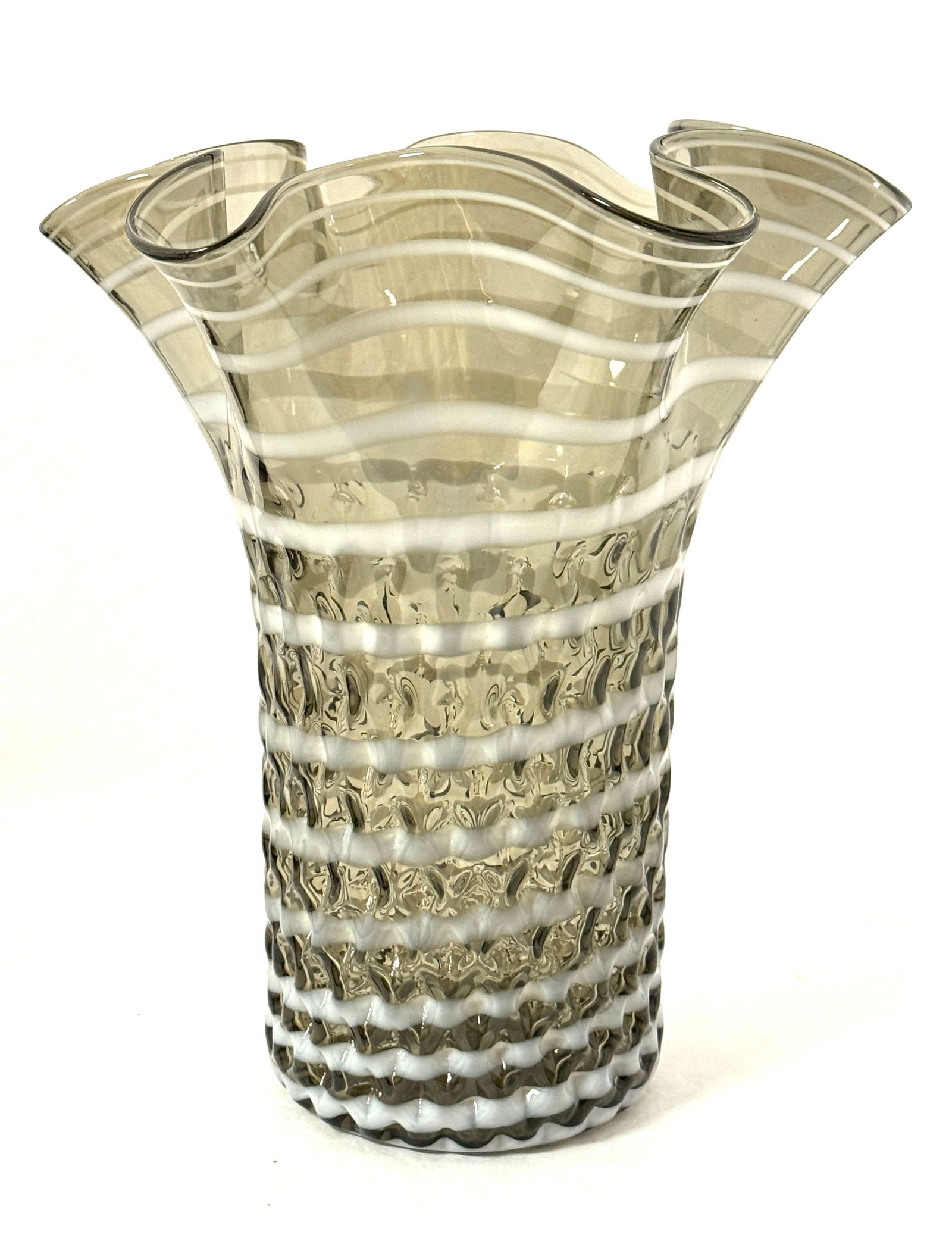 Murano Barovier & Toso Vase: Murano Attributed to Barovier & Toso, cylindrical ruffle topped vase in olive glass with white swirling lines around the vase and honeycomb pattern in the glass; ht. 9 3/4". CONDITION: no chips, crack