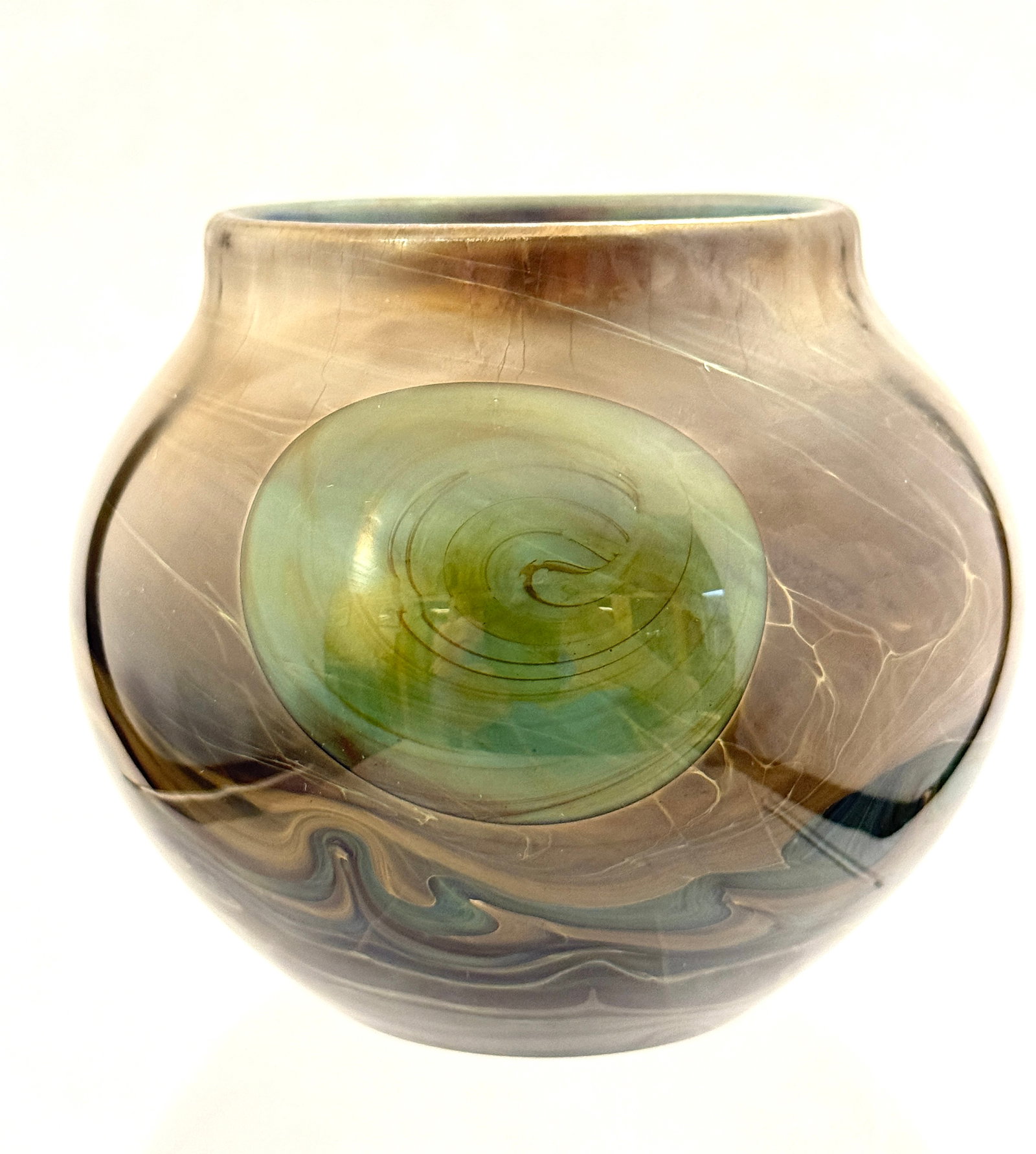 John Lewis Art Glass Vase: John Lewis art glass vase with green moons over a turquoise undulating base, signed Lewis 70; 4" ht. CONDITION: no chips, cracks, repairs, or material defects found, Jaremos attempts to call any mater