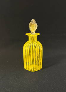 Murano Yellow Perfume: Murano Cenedese perfume in clear glass with yellow striations and a gold aventurine stopper; 5" ht. CONDITION: no chips, cracks, repairs, or material defects found, Jaremos attempts to call any materi