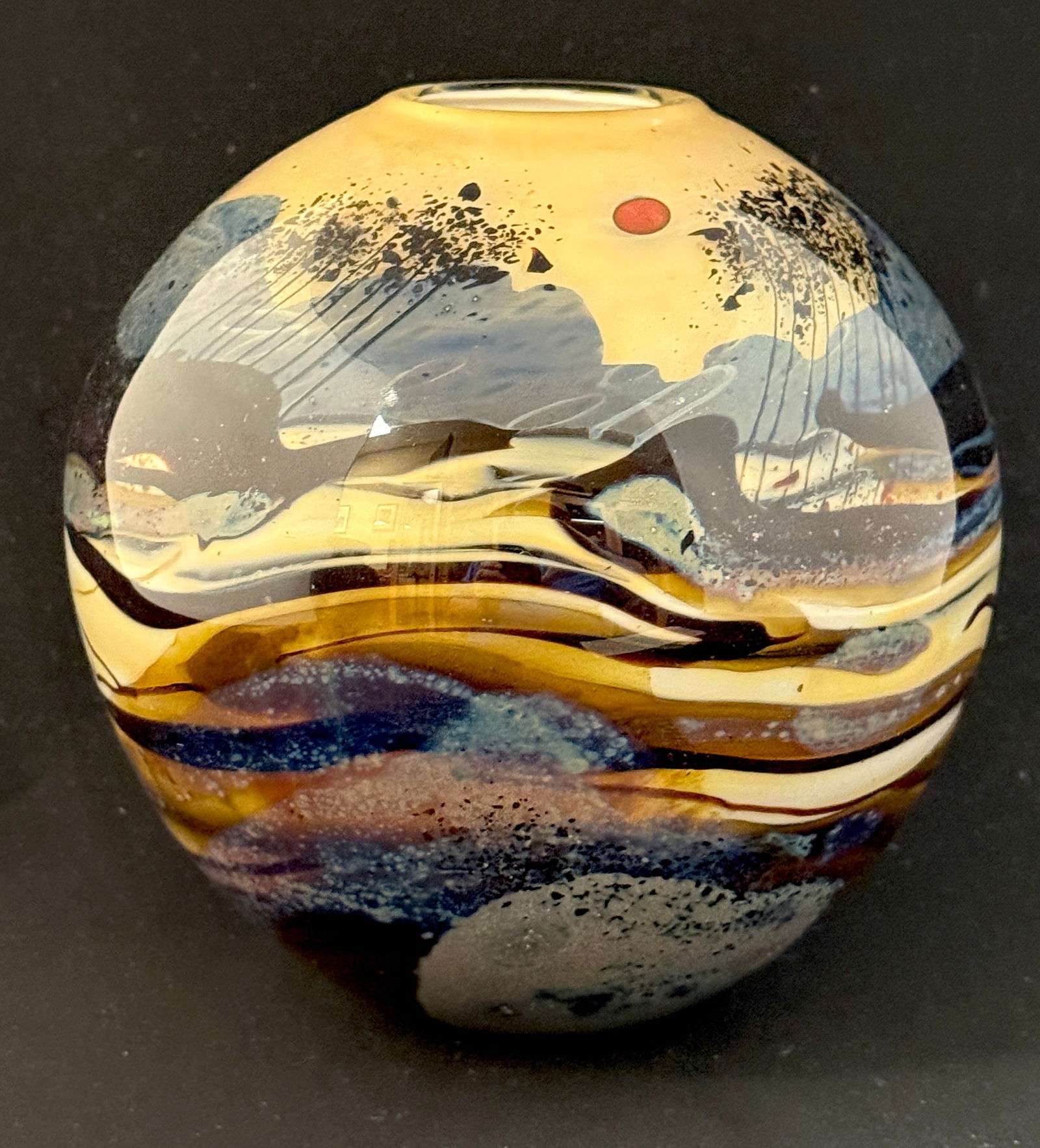 Rich Miller Paperweight Vase: Rich Miller paperweight glass orb in a planetary design, signed Rich Miller; 6" ht. CONDITION: no chips, cracks, repairs, or material defects found, Jaremos attempts to call any material flaw that aff