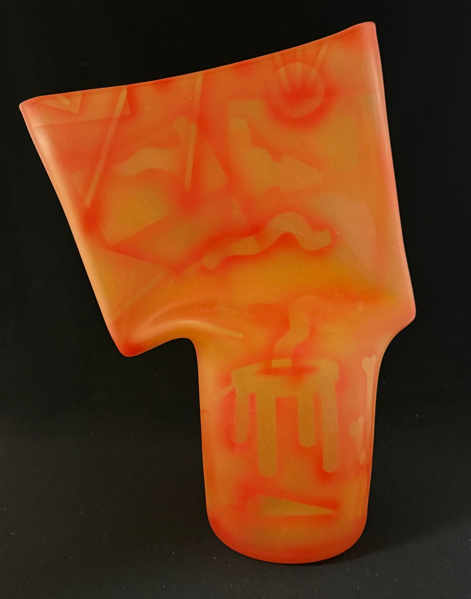 Richard Meitner Orange Sculpture: Richard Meitner large orange free form sculpture, signed and dated; 14 5/8" ht. CONDITION: no chips, cracks, repairs, or material defects found, Jaremos attempts to call any material flaw that affects