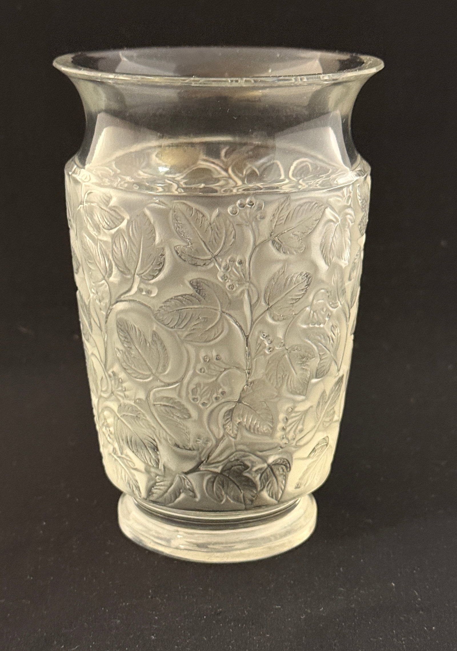 Lalique Deauville Vase: Lalique Deauville vase, signed; 6" ht. CONDITION: no chips, cracks, repairs, or material defects found, Jaremos attempts to call any material flaw that affects the price, but minor scratches and color