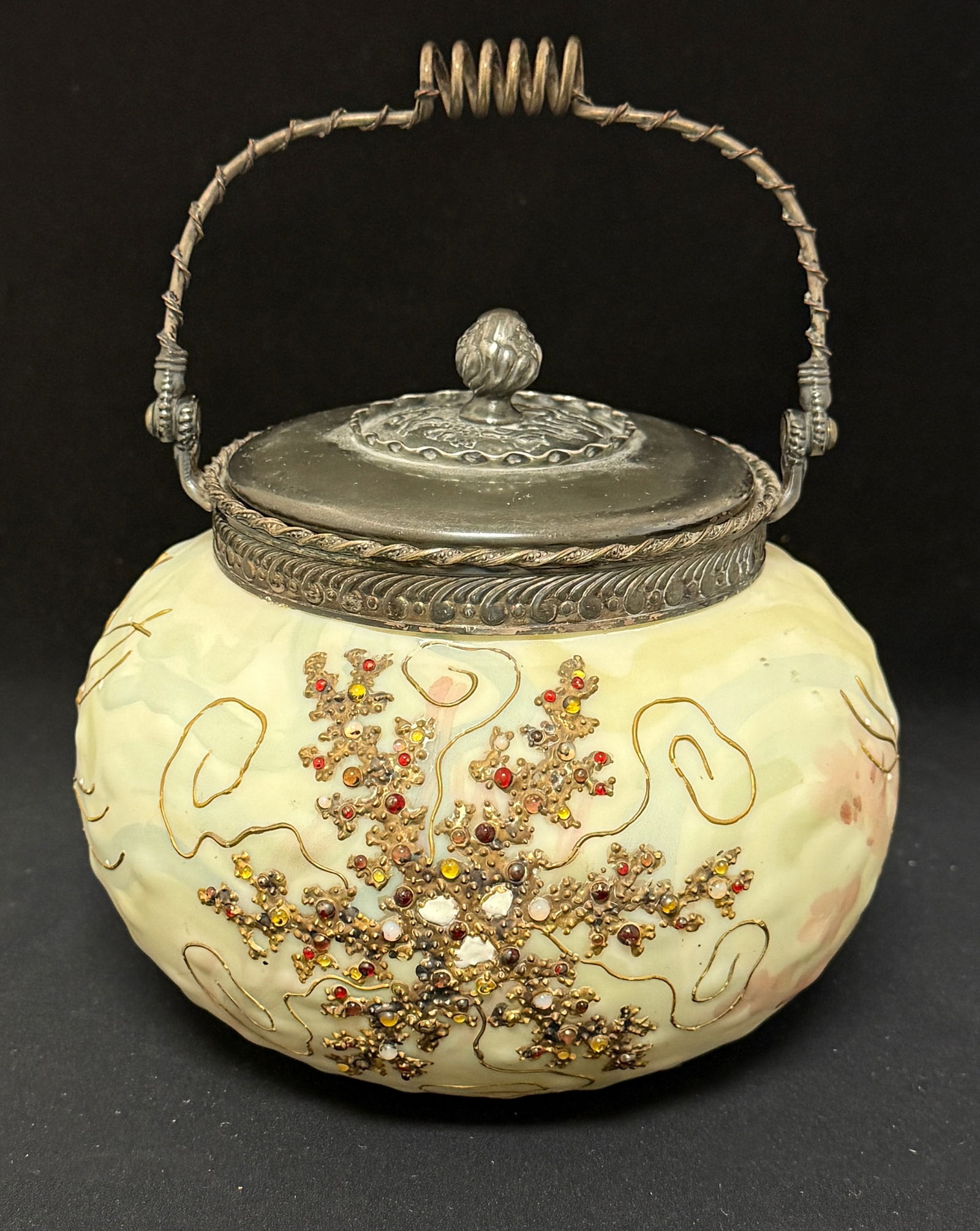 Mt. Washington Biscuit Jar: Mt. Washington biscuit jar with gold enameled coral with applied jewels, lid marked Mt. Washington; ht 7". CONDITION: no chips, cracks, repairs or material defects found, Jaremos attempts to call any