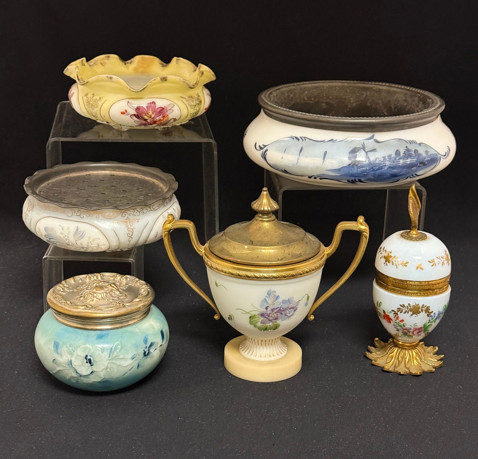Group of Opalene Items: Group of 6 opaline items including Mt. Washington and Pairpoint, lidded compote, ruffle top bowl, small covered jar and more; tallest 6 1/2". CONDITION: no chips, cracks, repairs or material defects f