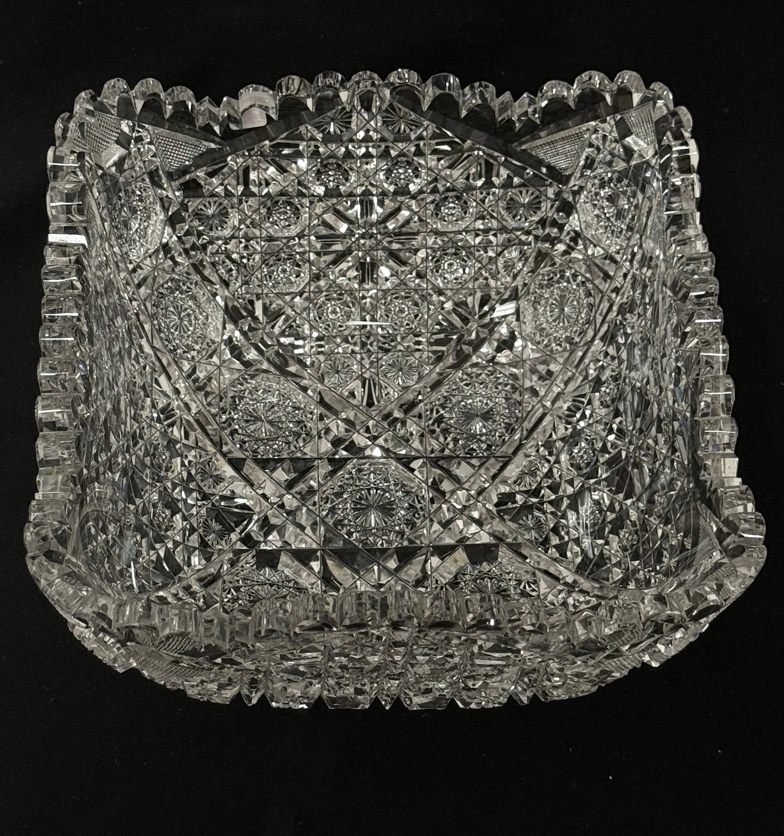ABCG Hoare Square Bowl: ABCG intricately cut square bowl, signed J. Hoare; diameter 8 1/4" ht. 4 3/8". CONDITION: minor chip on bottom see picture, otherwise no cracks, repairs or material defects found. Jaremos attempts to 