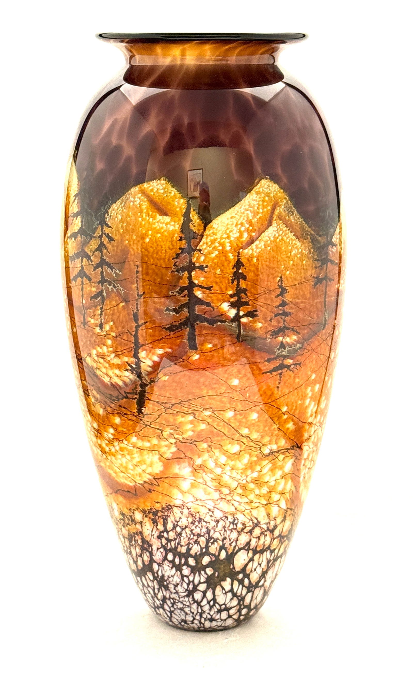 Satava Teton Vase: Satava Teton vase, brown mountains with mottled purple sky and pine trees, signed R Satava 3324-05; ht 13 1/2". Comes with registration card. CONDITION: no chips, cracks, repairs, or material defects