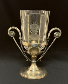 Etched Glass Vase Set in Metal